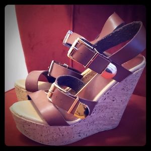 Women's brown and gold platform wedges